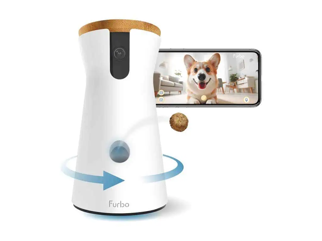 Compact pet camera and treat dispenser with mobile app control, designed for monitoring and entertaining pets remotely. Features a camera, treat tossing, and real-time video streaming.
